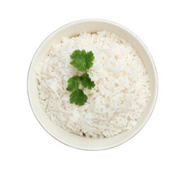 Bowl with tasty boiled rice on white background