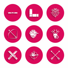 Sticker - Set Flying duck on shield, Hunt with crosshairs, Crossed arrows, deer, hunter knife, Bow and quiver, and Trap hunting icon. Vector