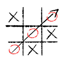 Hand Drawn Tic Tac Toe Game. X-O Children Game. Win In Tictactoe. Vector Illustration In Doodle Style On White Background.