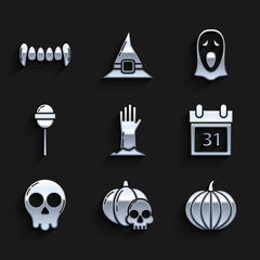 Poster - Set Zombie hand, Pumpkin skull, Calendar with Halloween date 31 october, Skull, Lollipop, Funny scary ghost mask for and Vampire teeth icon. Vector