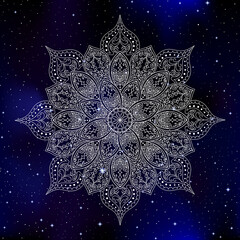 Beautiful decorative vector mandala over the space starry night sky