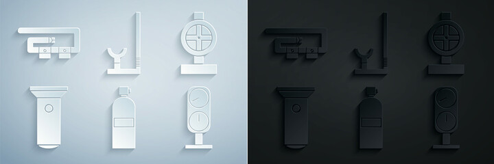 Sticker - Set Aqualung, Industry metallic pipes and valve, Flashlight, Gauge scale, Snorkel and Diving belt icon. Vector