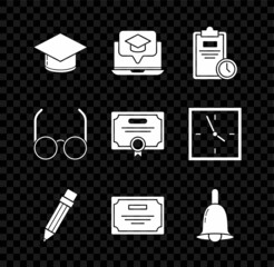 Poster - Set Graduation cap, screen laptop, Exam sheet with clock, Pencil eraser, Certificate template, Ringing bell, Glasses and icon. Vector