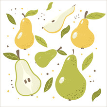 Juicy Pears With Leaves And Slices. Vector Illustration Isolated On A White Background. Vector Illustration