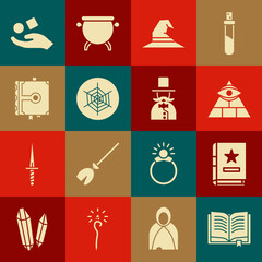 Sticker - Set Ancient magic book, Masons, Witch hat, Spider web, Cube levitating above hand and Magician icon. Vector