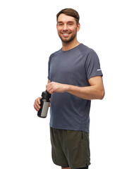 Wall Mural - fitness, sport and healthy lifestyle concept - smiling man in sports clothes with bottle over white background