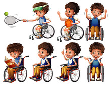 Set Of Men In Wheelchairs Doing Different Activities