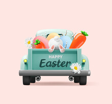 Happy Easter Holiday. Vintage Blue Car With Easter Rabbit And Carrots, Eggs., Flowers On Pink Background. Realistic Vector Illustration. Easter And Spring Banner.