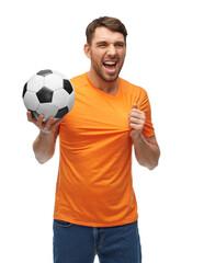 Sticker - sport, leisure games and people concept - happy smiling man or football fan with soccer ball over white background