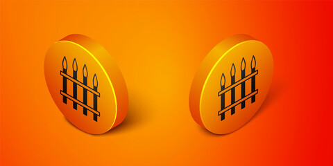 Isometric Classic iron fence with metal pillars icon isolated on orange background. Ancient wrought iron fence. Orange circle button. Vector