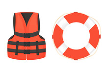 Life Jacket And Life Buoy With Rope And Belt Equipment For Safety In Cartoon Style Isolated On White Background. 
