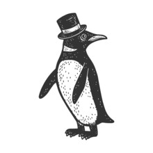 Penguin In Top Hat Sketch Engraving Raster Illustration. T-shirt Apparel Print Design. Scratch Board Imitation. Black And White Hand Drawn Image.