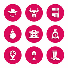 Sticker - Set Wild west saloon, Shovel, Cowboy boot, Money bag, Hexagram sheriff, Bomb ready to explode, Pan flute and Western cowboy hat icon. Vector