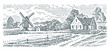 The house and the windmill in rural landscape monochrome line engraving style illustration. Vector. 