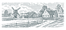 The House And The Windmill In Rural Landscape Monochrome Line Engraving Style Illustration. Vector. 