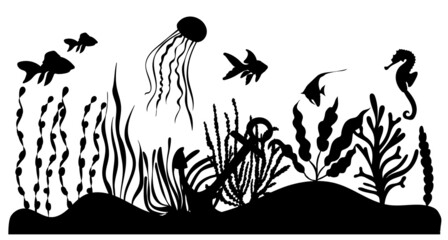 Wall Mural - bottom of the sea, ocean, algae, fish silhouette
