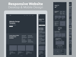 Design website dark mode. Desktop and mobile wireframe. Landing page template.