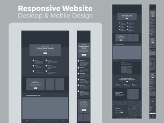 Poster - design website dark mode. desktop and mobile wireframe. landing page template.