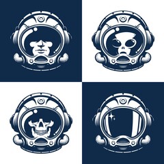 Wall Mural - astronaut space helmet with headphones. space music retro emblem with spaceman head. man skull in sp