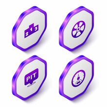 Set Isometric Award Over Sports Winner Podium, Alloy Wheel For Car, Pit Stop And Speedometer Icon. Purple Hexagon Button. Vector