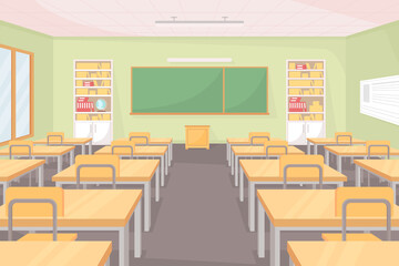 Poster - School classroom flat color vector illustration. Empty class with row of desks and chairs. Space for studying and teaching. Middle school room 2D cartoon interior with chalkboard on background