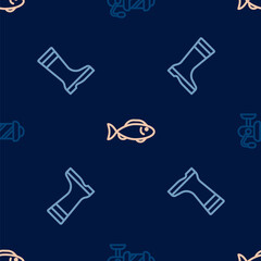 Canvas Print - Set line Spinning reel for fishing, Fishing boots and on seamless pattern. Vector