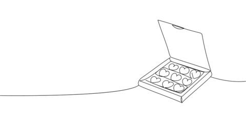 Box with chocolate continuous line drawing. One line art of decoration, sweets,cupcakes, muffin, chocolate, gift, romance, March 8, birthday, valentine s day, relationship, love.