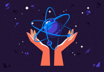 Vector illustration of two hands holding a physical particle atom