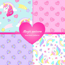 Magic Patterns Set. Set Of Four Cute Seamless Patterns. Unicorn Background.