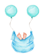 Baby Boy With Blue Balloons; Watercolor Hand Drawn Illustration; With White Isolated Background