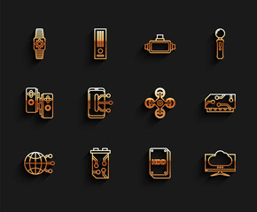 Set line Global technology or social network, Video graphic card, Smartwatch, Hard disk drive HDD, Computer monitor screen, Smartphone, mobile phone, RAM, random access memory and Drone icon. Vector