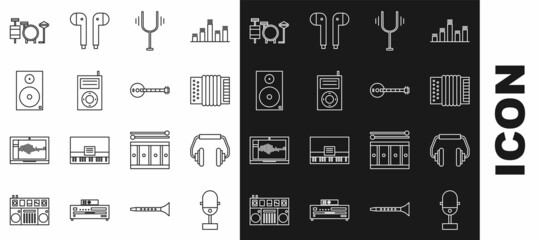 Poster - Set line Microphone, Headphones, Musical instrument accordion, tuning fork, MP3 player, Stereo speaker, Drums and Banjo icon. Vector