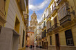 Historic ancient old town Malaga, Spain with picturesque and beautiful alleys, backstreets, building facades and cathedral as well as public parks with palm trees