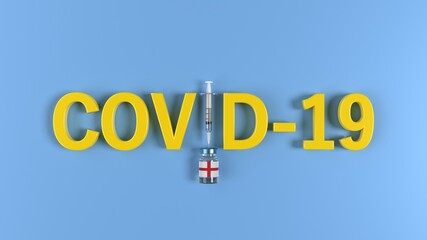 English flag on Coronavirus Covid-19 vaccine bottle. Syringe is creating letter I on blue background. Covid-19 vaccination, flu prevention, immunization concept. High quality 3D rendering.