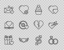 Set Line Gift Box And Heart, Wedding Rings, Heart With Wings, Envelope, Romantic Music, Male Gender Symbol And Amour Arrow Icon. Vector
