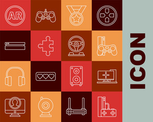 Sticker - Set line Game console with joystick, Computer monitor, Medal, Piece of puzzle, Video game, Ar, augmented reality and Racing simulator cockpit icon. Vector