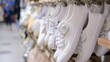 Many white shoes hanging in a row in a trendy stylish mass-market store, cheap footwear shopping on sale