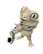 little frog cartoon is playing a saxophone top view