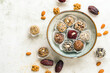 Vegan candies made from nuts and dried fruits. Energy ball. copy space