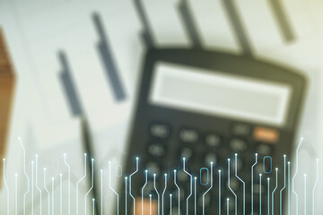 Poster - Abstract virtual micro circuit sketch on calculator and papers background, future technology and AI concept. Double exposure