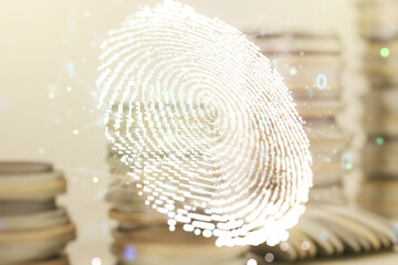 Poster - Abstract virtual fingerprint illustration on coins background, personal biometric data concept. Multiexposure