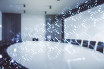Poster - Abstract virtual wireless technology hologram with hexagon on a modern conference room background. Big data and database concept. Multiexposure