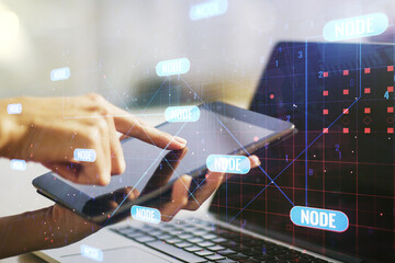 Fototapete - Double exposure of abstract creative programming illustration and finger clicks on a digital tablet on background, big data and blockchain concept