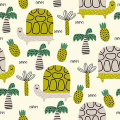 Wall Mural - Childish seamless pattern with cute turtle. Cute vector childish background for fabric, textile, nursery wallpaper. Vector Illustration. White background.