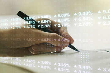 Aufkleber - Double exposure of abstract creative statistics data hologram with man hand writing in notebook on background, statistics and analytics concept