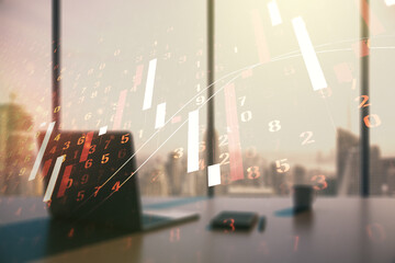 Multi exposure of abstract financial graph and modern desktop with pc on background, financial and trading concept