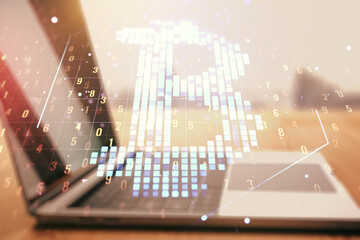 Poster - Double exposure of creative Bitcoin symbol hologram with computer on background. Mining and blockchain concept