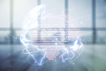 Poster - double exposure of abstract digital world map hologram with connections on empty room interior backg