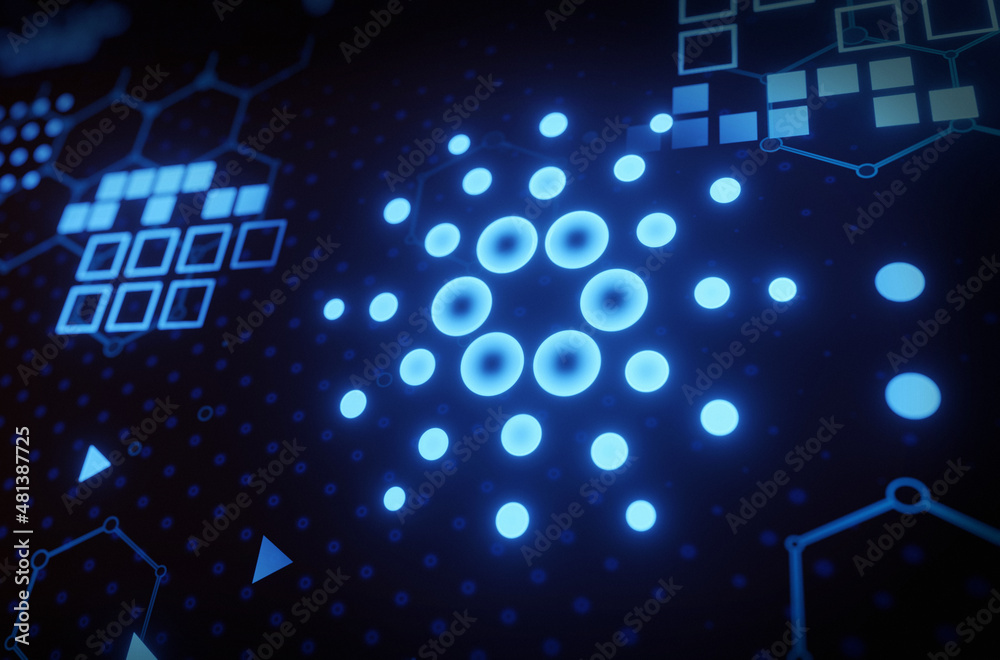 Cardano or ADA coins with technology network neon laser light. Cryptocurrency digital currency concept. New virtual money exchange in blockchain 3D rendering