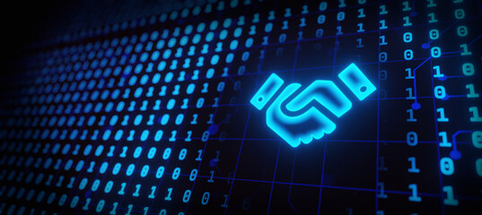 shaking hand with digital partners hand on futuristic digital technology background.